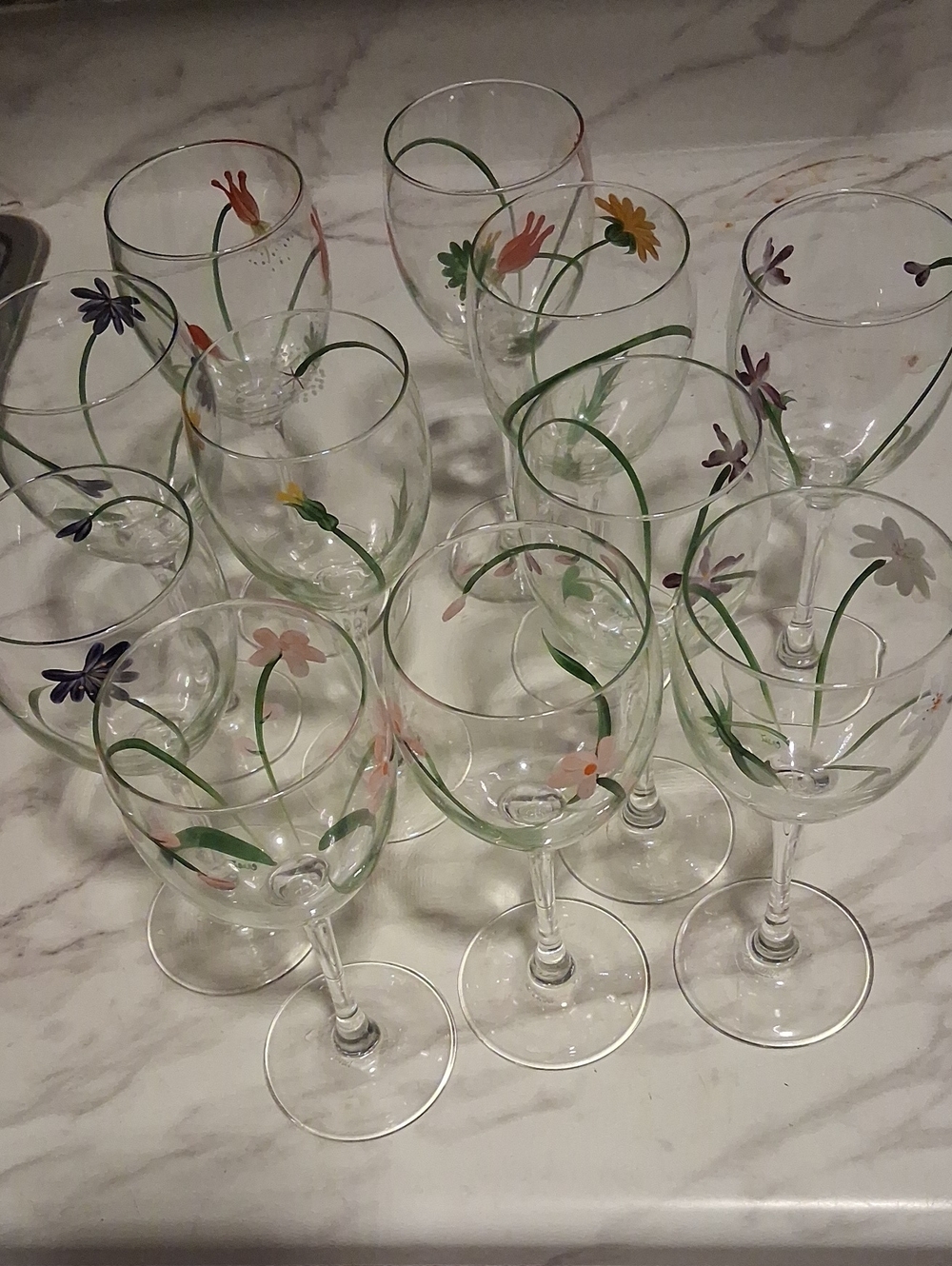 Hand-Painted Floral Wine Glasses - Set of 11